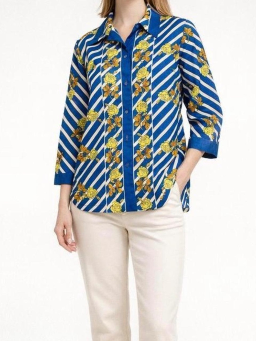 Vintage 70s Blue Striped Floral Button-Up Blouse Shirt Size Large